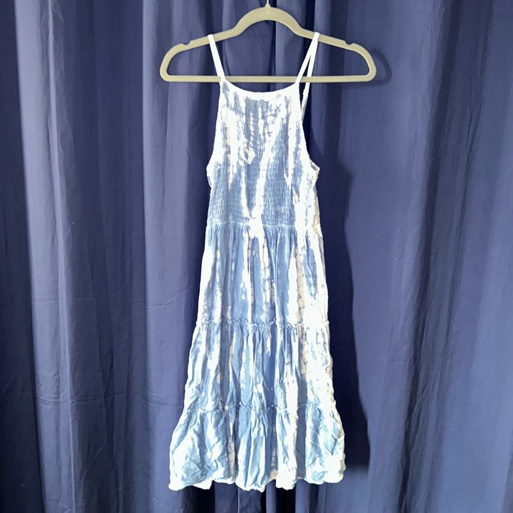 Blue and White Tie Dye Smocked Midi Dress